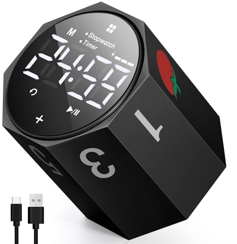 Temporizador de Enfoque de Escritorio, Temporizador Pomodoro de Productividad de Metal Esmerilado, Pantalla LED Digital Grande de 1.8 con Rotación Automática, para Oficina, Estudio y Trabajo, Negro