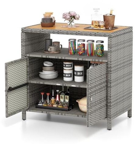 FANTASK Rattan Gartenschrank, Buffetschrank mit Akazienholz-Arbeitsplatte, Aufbewahrungsschrank mit offenem Fach und Doppeltür, BBQ Beistelltisch für Garten, Terrasse, 90 x 53 x 86 cm (Grau)