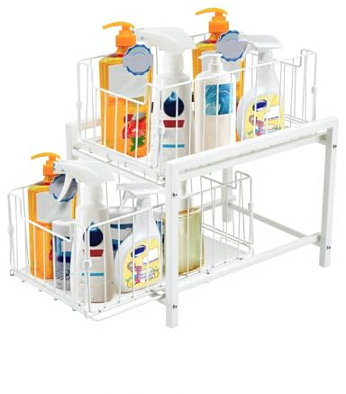 2 Tier White Under Sink Pull Out Storage Basket Organizer | Sliding Metal Cabinet Organizer with Detachable Baskets, Space-Saving Storage for Kitchen and Bathroom Cupboards