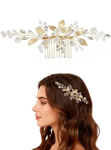 ZWWOGE Ornamento Capillare a Foglie, Ornamento per Capelli da Sposa per Matrimonio Fiori e Foglie con Cristallo Pettine per Capelli in Oro Pettine da Sposa Elegante ArtigianaleFermacapelli per Signore