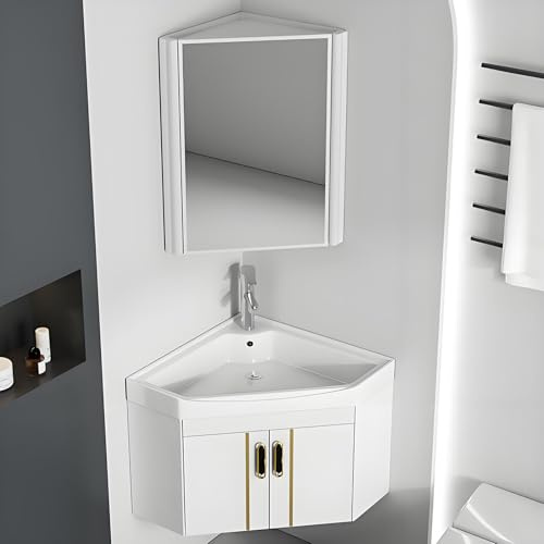 Mobile bagno angolare sospeso con lavabo, specchio, rubinetto e accessori, salvaspazio per bagni piccoli(White,48cm/18.8in)