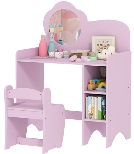 AIYAPLAY Kids Dressing Table with Mirror and Stool 2 in 1 Ages 3-8 Purple