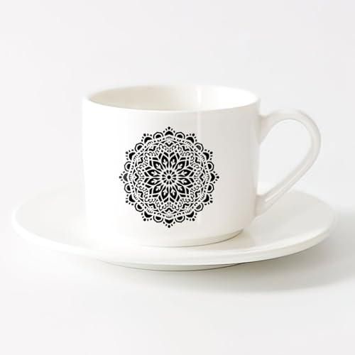 AYUEHBN Stoneware Coffee Mugs with Handle Mandala Hinduism Meditation （6oz/175ml） Stylish & Durable – Microwave & Dishwasher Safe，Sets Tea Cup with Saucers (White)