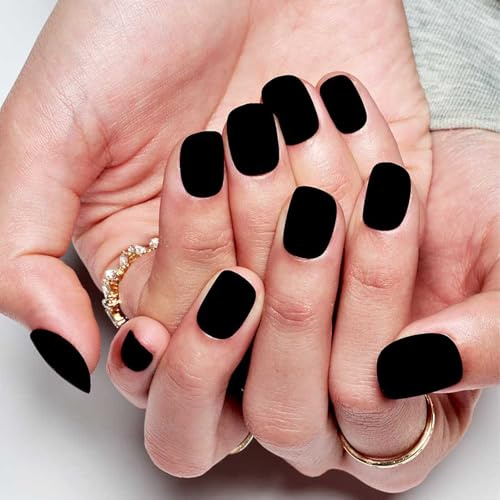 VelvetGlow Matte Black Press on Nails Short Square,120 Pcs Short Fake Nails Square, 12 Sizes Full Covered Acrylic Press on Nail,Matte Fake Nails with Glue and Jelly Tabs for Women