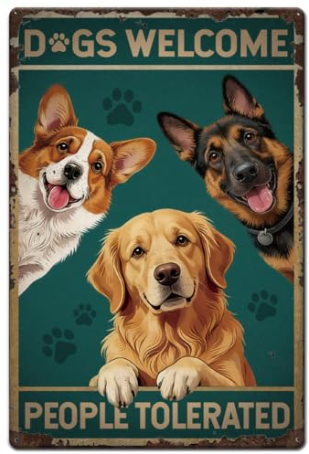SUPERDANT Golden Retriever Insegna Di Latta Benvenuto Cane Poster Metallo Retrò Placca Vintage Testo Decorativo per Ingresso Portico Corridoio Soggiorno Arte Parete Interna Esterna Regali 20x30 cm
