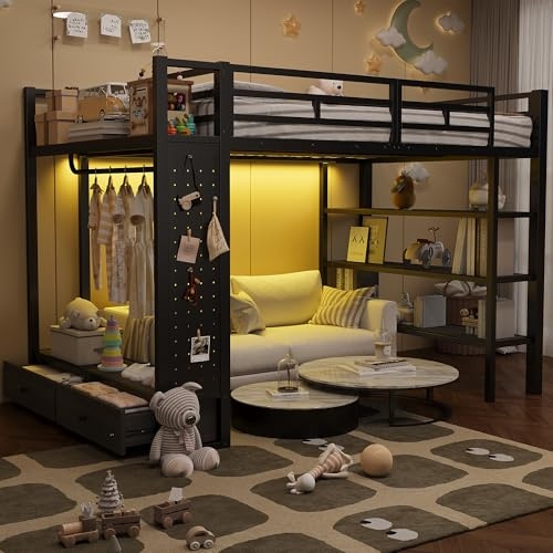 Httcg Hochbett Metallbett 140x200 cm mit Kleiderbügel und Schublade, Jugendbett Doppelbett mit LED-Licht und Lochwand, Etagenbett Bettgestell mit Lattenrost und Rausfallschutz, Schwarz, Ohne Matratze