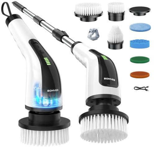 Bomves Electric Spin Scrubber Cordless Power Brush Rechargeable Rotating | 90-Min Battery with 8 Replaceable Heads,IPX7 Waterproof for Shower Tub Tile Grout Floor Glass & Car