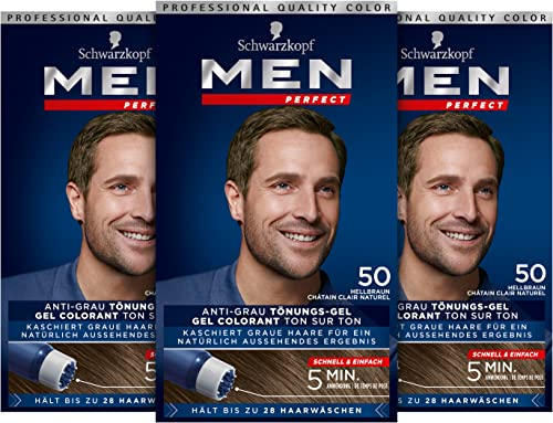 Schwarzkopf Men Perfect Anti-Grau Tönungs-Gel 50 Hellbraun (80 ml), Haarfarbe für Männer blendet graue Haare aus, Anti-Grau Tönung für ein natürlich aussehendes Ergebnis