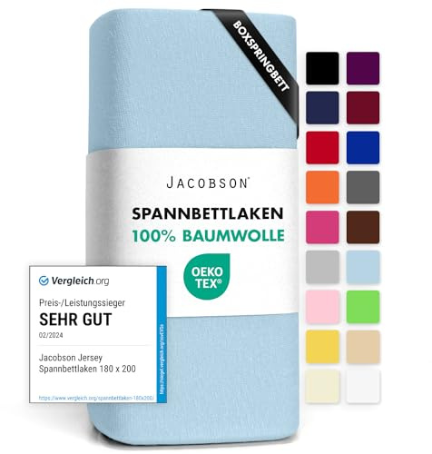 Jacobson Jersey Spannbettlaken Spannbetttuch Baumwolle Bettlaken (180x200-200x220 cm, Hellblau)
