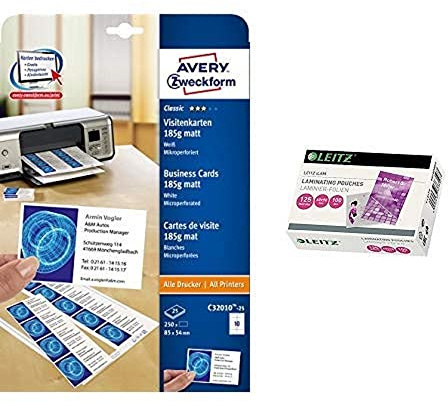 AVERY Zweckform C32010-25 Classic Visitenkarten (250 Stück, 85 x 54 mm, beidseitig bedruckbar, matt, 25 Blatt) & Leitz Heißlaminierfolien, Glänzend, transparent, 60 x 90 mm Folienstärke 125 mic