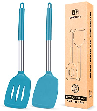 Pfannenwender aus Silikon, robust, antihaftbeschichtet, geschlitzt, hitzebeständig, BPA-frei, ideales Kochgeschirr für Fisch, Eier, Pfannkuchen, blau, 2 Stück