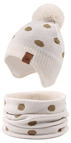 XIAOHAWANG - Berretto Invernale per Bambini, Caldo, con Pompon Cappello Beige + Sciarpa. 8-24 Mesi