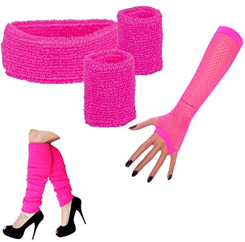 Krautwear Damen Mädchen Schweißbänder Stirnband 2 Armbänder Beinstulpen Handschuhe 80er Jahre Set Neon Pink (Schweissbänder+Stulpen+Handschuhepink)
