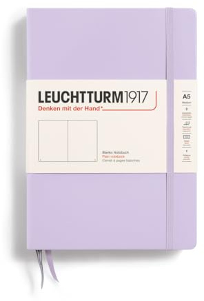 LEUCHTTURM1917 365480 Notizbuch Medium (A5), Hardcover, 251 nummerierte Seiten, Lilac, blanko | Blanko, säurefrei, Inhaltsverzeichnis, 2 Lesebändchen, Falttasche, Verschlussgummi