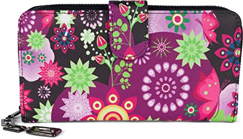styleBREAKER Damen Geldbörse mit Buntem Blumen Blüten Mandala Muster, Ethno Style, Reißverschluss, Portemonnaie 02040040, Farbe:Violett-Pink-Grün-Schwarz