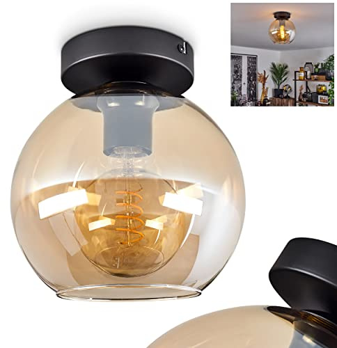 HOFSTEIN Deckenleuchte Koyoto, Deckenlampe aus Metall/Glas in Schwarz/Bernstein, moderne Leuchte im Retro/Vintage-Design mit Schirm aus Glas, Ø 20 cm, E27, Schlafzimmer, Wohnzimmer, Küche, Esszimmer