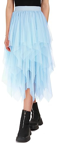 Monbessi Tulle Skirt for Women Ladies Skirts Elasticated Waist 80CM Midi Skirt Irregular Net Mesh Skirts Daily, Prom, Party(Waist: 60-80cm, Blue)