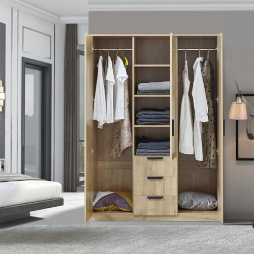 [en.casa] Kleiderschrank Eiselfing Schrank mit 3 Türen Garderobenschrank 176 x 120 x 52 cm Schlafzimmerschrank 2 Kleiderstangen 4 Fächer 3 Schubladen Eicheoptik
