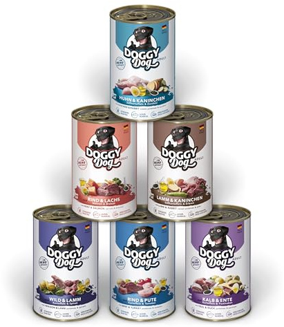 DOGGY Dog Paté Mix 1, 6 x 400 g, nourriture humide pour chien, dans un paquet d'essai, sans céréales, avec huile de saumon et moule aux orles vertes, aliment complet à haute teneur en viande, fabriqué