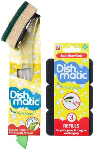 Fillable Washing up Brush Handle | Plus 4X Extra Heavy Duty Sponge Refills Bundle | Easy Grip Dispensing Handle | Super Scrubber Scourer Cleaner for Kitchen Bathroom Etc.