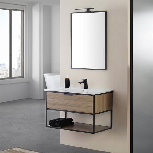 Mobile bagno sospeso 80 cm nero stile industrial con cassettone in legno, struttura in metallo con lavabo e specchio reversibile, BAKETO