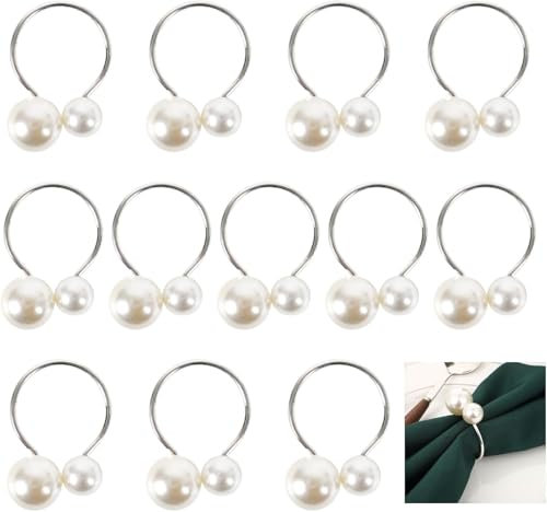 Minnhua 12PCS Anelli per Tovaglioli di Perle Portatovaglioli con Perline Fibbia Tovagliolo Argento per Decorazione da Tavolo Feste Natale San Valentino Matrimonio Compleanno