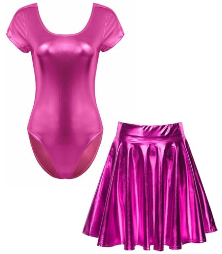 Loodgao Damen Metallic Body Kurzarm Rundhals Ballett Tanz Gymnastik Turn Anzug Trikot mit Glänzend Skater Glocken Swing Eiskunstlauf Rock Hot Pink M