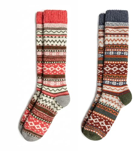 lavendel Chaussettes Femme Longues Thermiques en Laine – Lot de 2 Paires Chaussettes Hautes Chautes d'Hiver Épaisses avec Motifs Hygge Scandinaves – Taille 36-40 - Rose et Bleu - 36/40