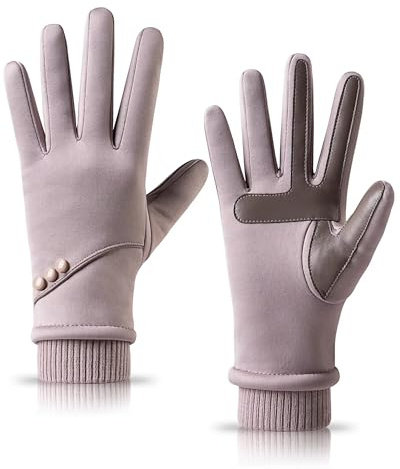 HOLDINA Handschuhe Damen Winter Warm, wasserdichte Handschuhe Damen mit Rutschfestem Leder, Geschenk für Handschuhe Damen Touchscreen mit Fleece Gefüttert zum Fahren, Laufen, Wandern (Hellrosa-M)