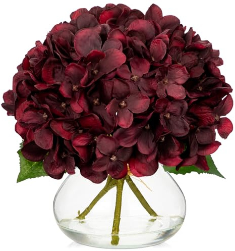 Oairse Autumn Decoartions - Flores artificiales de hortensias rojas oscuras en jarrón de cristal con seda sintética de agua sintética, arreglo floral para el hogar, oficina, boda, mesa, centro de mesa