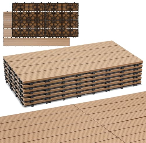 Randaco WPC Fliesen 30x60cm, Klickfliesen Balkonfliesen in Holzoptik 60er Set für 10m² Bodenbelag für Balkon, Wetterfest mit Drainagefunktion, Rutschfest, Leicht zu verlegen, Teak