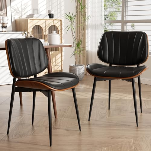 choairy Dining Chairs Set of 2, Mid Century Modern Dining Room Chair, Upholstered Faux Leather Kitchen Chairs with Walnut Bentwood Back and Metal Legs for Kitchen Dining Room Living Room, Black