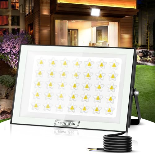 papasbox 100W LED Floodlight Outdoor, 10000LM Super Bright, 6500K Cool White Outdoor Floodlight, IP66 Waterproof LED Spotlight, Security Light for Backyard, Driveway, Garage, Hallway, Garden
