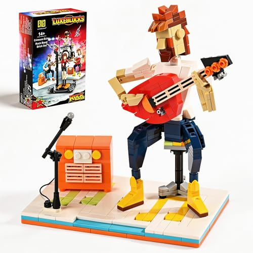 LUXEBLOCKS Music Rockstage - Kit per la costruzione di mattoni per chitarrista, 358 pezzi – Scena fai da te con supporto per amplificatore e microfono, kit modello per adulti, idea regalo sul