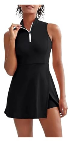 HUDFVIOI Dam tennisklänning dam tennisklänning, tennisklänning golfklänning, integrerade shorts, ärmlös sportklänning, med fickor, breda axelband används i tennis, svart, L