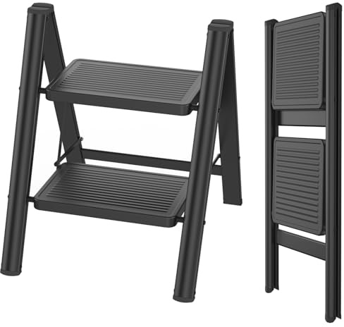 Abhpjuy Trittleiter Leiter 2 Stufen klappbar, Tragbare Klappleiter 250kg Kapazität mit rutschfestem breitem Pedal, Klapptritt für Haushalt, Küche, Büro, Garage