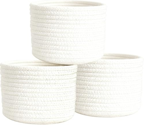 Yeqqzq Set of 3 Small Basket, Woven Baskets, Cotton Rope Small Baskets for Organizing, Cute Mini Tiny Storage Basket for Gifts, Decorative Boho Round Bathroom Organization Bin