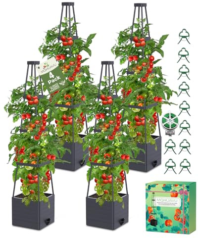 MQHUAYU 4 Pack Raised Garden Bed Planter Box with Trellis, 57 Self-Watering Tomato Cage Planters for Climbing Plants Vegetable Vine Flowers Outdoor & Indoor (57x9.8x9.8IN)