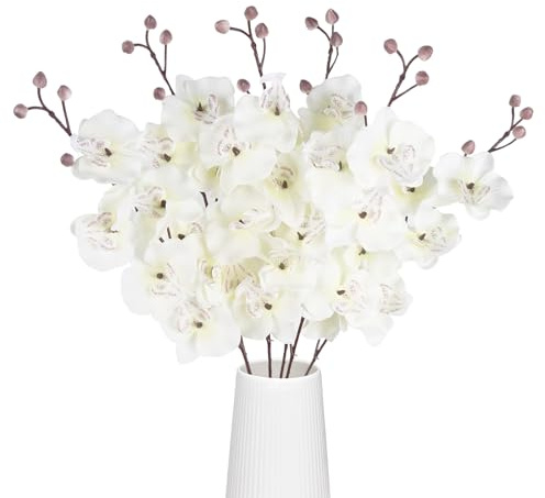 INSUNSIX 6PCS White Faux Orchids 30.3’’ Orchids Artificial Flowers Fake Silk Flowers with Stems for Wedding Home Kitchen Party Garden Indoor Decoration(White)