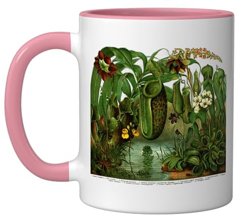 Carnivorous Plants Vintage Sarracenia Botanical Ceramic Mug, Pink/White