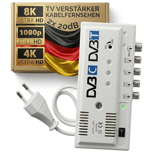 TronicXL TV Verstärker für Kabelfernsehen für HD 3D 4K 8K passend für PYUR Vodafone (20dB - 4 Gerät)