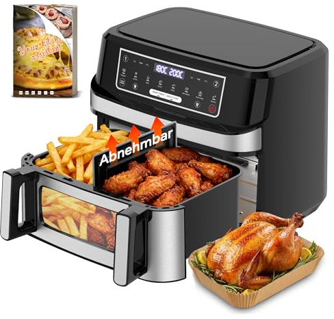 Emphsism Heißluftfritteuse 12L XXL - Airfryer 2 Kammern Variable Flex-Zone, Separate Temper 200 Grad Heissluftfritteuse Doppelkammer, 8-in-1 Air Fryer Groß Sichtfenster & Innenlicht Rezept für Familie