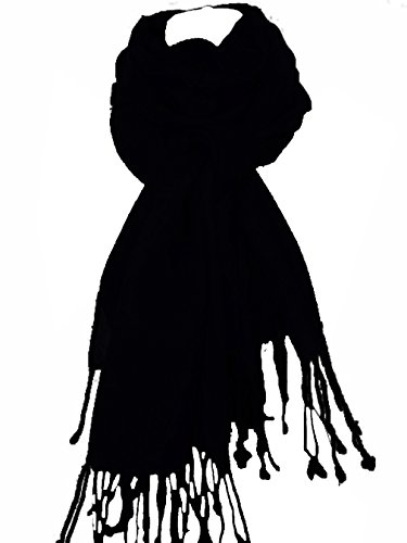 nella-mode XXL Wollschal (205x70 cm inkl Fransen); Feiner & weicher unifarbener Schal Tuch Stola aus 100% Wolle Damenschal in vielen Farben zur Auswahl (Schwarz)