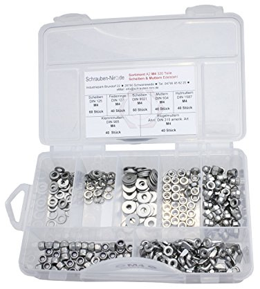 Sortiment Muttern und Scheiben M4 Edelstahl V2A Muttern DIN 934, Hutmuttern DIN 1587, Klemmmuttern DIN 985, Flügelmuttern ähnl. DIN 315, Scheiben DIN 125 u. DIN 9021 und Federringe DIN 127 , alles in A2, VA bzw. Nirosta, 320 Teile
