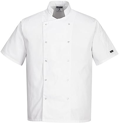 Portwest C733 Veste de Cuisine Homme Femme Manches Courtes Col Mao Polycoton Kingsmill Tenue Professionnelle Cuisinier Chef Boulanger Pâtissier Restauration Traiteur, Blanc, L