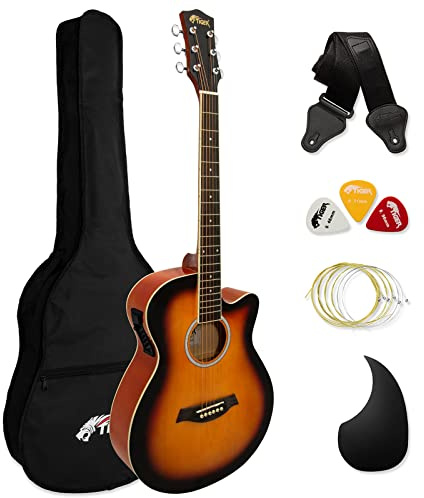 TIGER ACG4-SB Guitarra electroacústica para estudiantes de tamaño completo con ecualizador incorporado, funda, correa, cuerdas de repuesto y púas - Sunburst