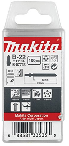 Makita B-07733 Stichsägeblatt B-22 HSS 100 Stück, ideal für dünne Bleche aus Stahl, Edelstahl und Aluminium von 1 bis 3 mm und Kunststoff von 1 bis 6 mm Materialstärke