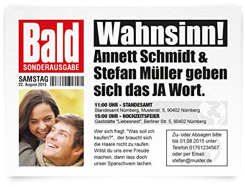 Kartenmachen.de Personalisierte witzige Einladungskarten zur Hochzeit (10-100 Stück) als Zeitung Presse Meldung Magazin News Journal