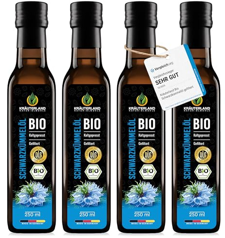 Kräuterland Bio Schwarzkümmelöl kaltgepresst gefiltert 4x250ml (1Liter) | 100% Nigella Sativa, hoher Thymochinongehalt, ohne Konservierungsstoffe & Aromen, nativ, vegan, mühlenfrisch in glasflasche