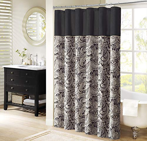 Madison Park Aubrey Duschvorhang, Paisleymuster, Jacquard, Mikrofaser, Kunstseide, Moderne Dekoration für Zuhause, Badezimmer, Badewanne, Sichtschutz, 183 x 183 cm, Schwarz, MP70-845